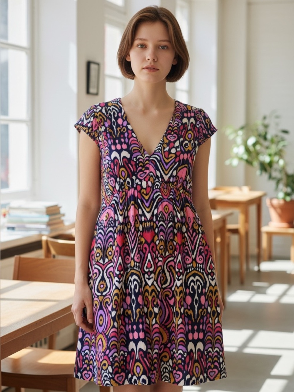 Boden Ikat Print Dress | Navy with Vibrant Accent Colors | 8R | Resort | Preppy